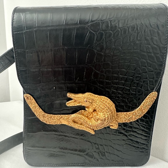 Vintage Black Purse Leather Alligator Skin Embossed Crossbody Shoulder Gold - Picture 2 of 13